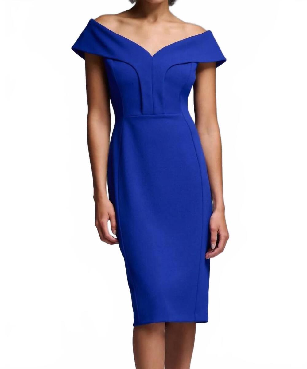 NEW JOSEPH RIBKOFF off the shoulder scuba crepe sheath dress in royal sapphire